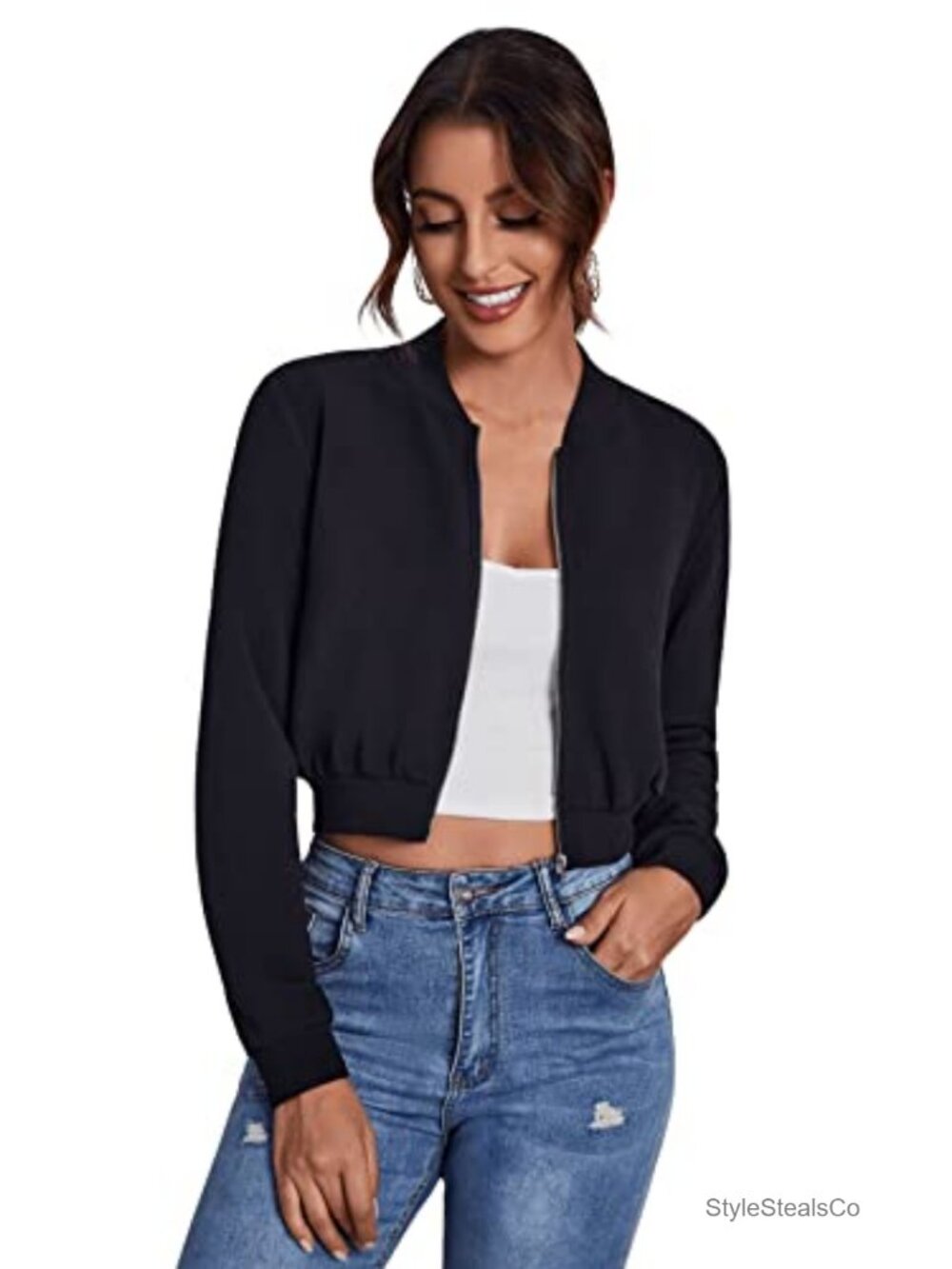 Women's Cropped Zip Up Bomber Jacket Long Sleeve Casual Polyester Outerwear
